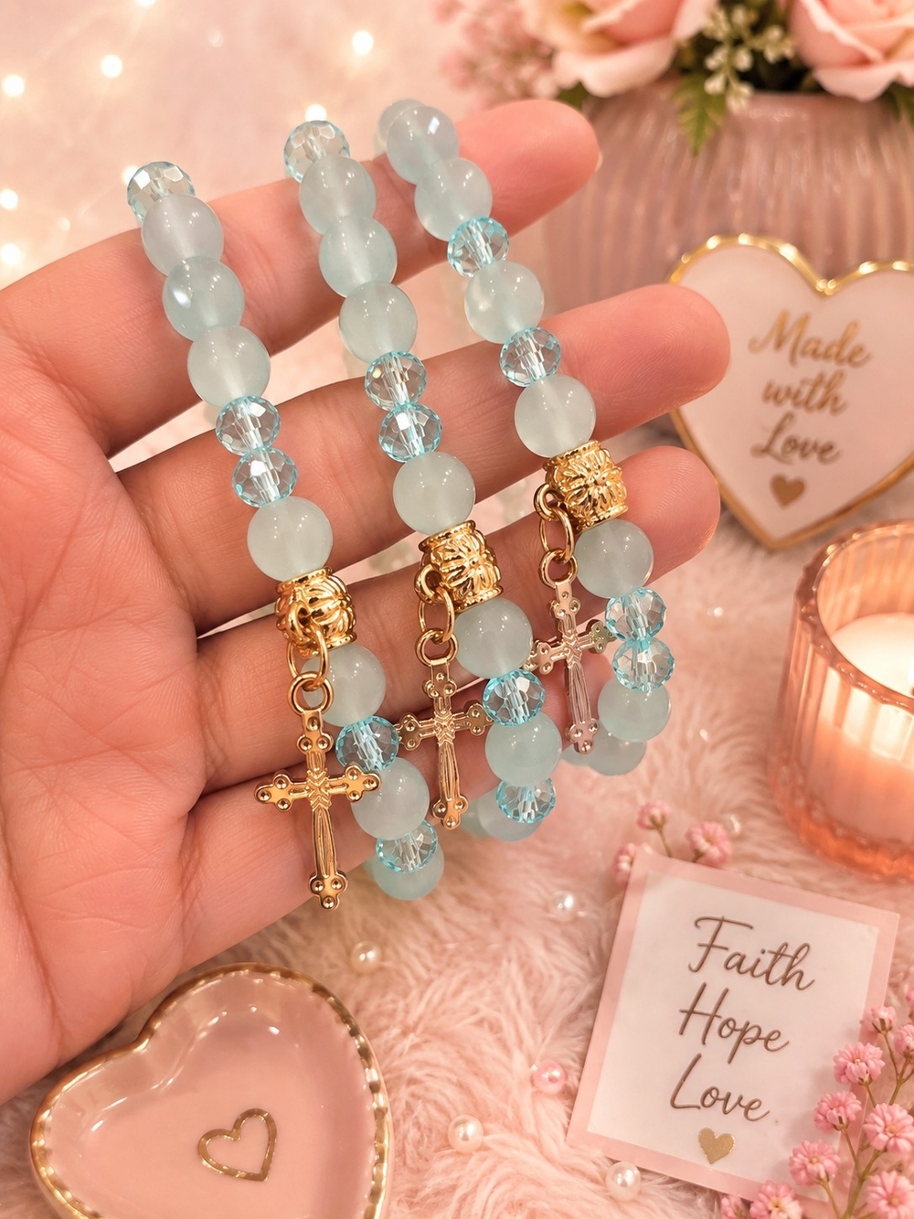 Delicate Aqua Beaded Cross Bracelet with Gold Accents